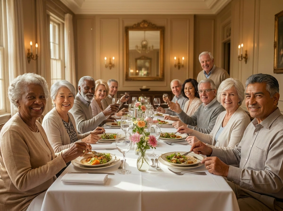 Residents enjoying a meal together